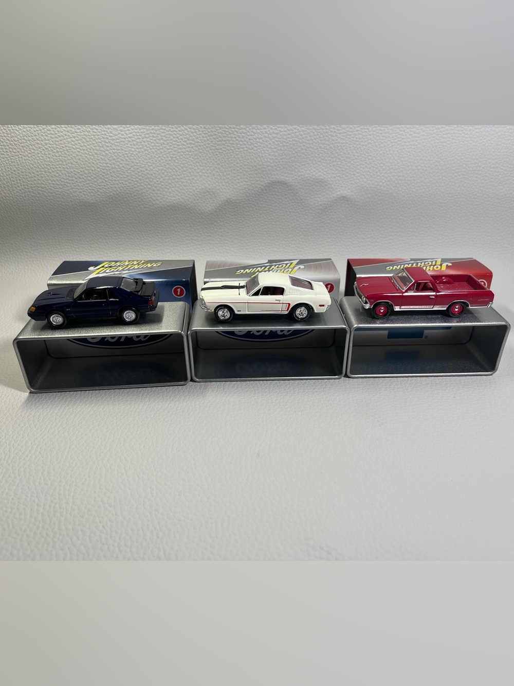 Johnny Lightning Collector Tin 3 Car Set 2 Mustang 1 El Camino